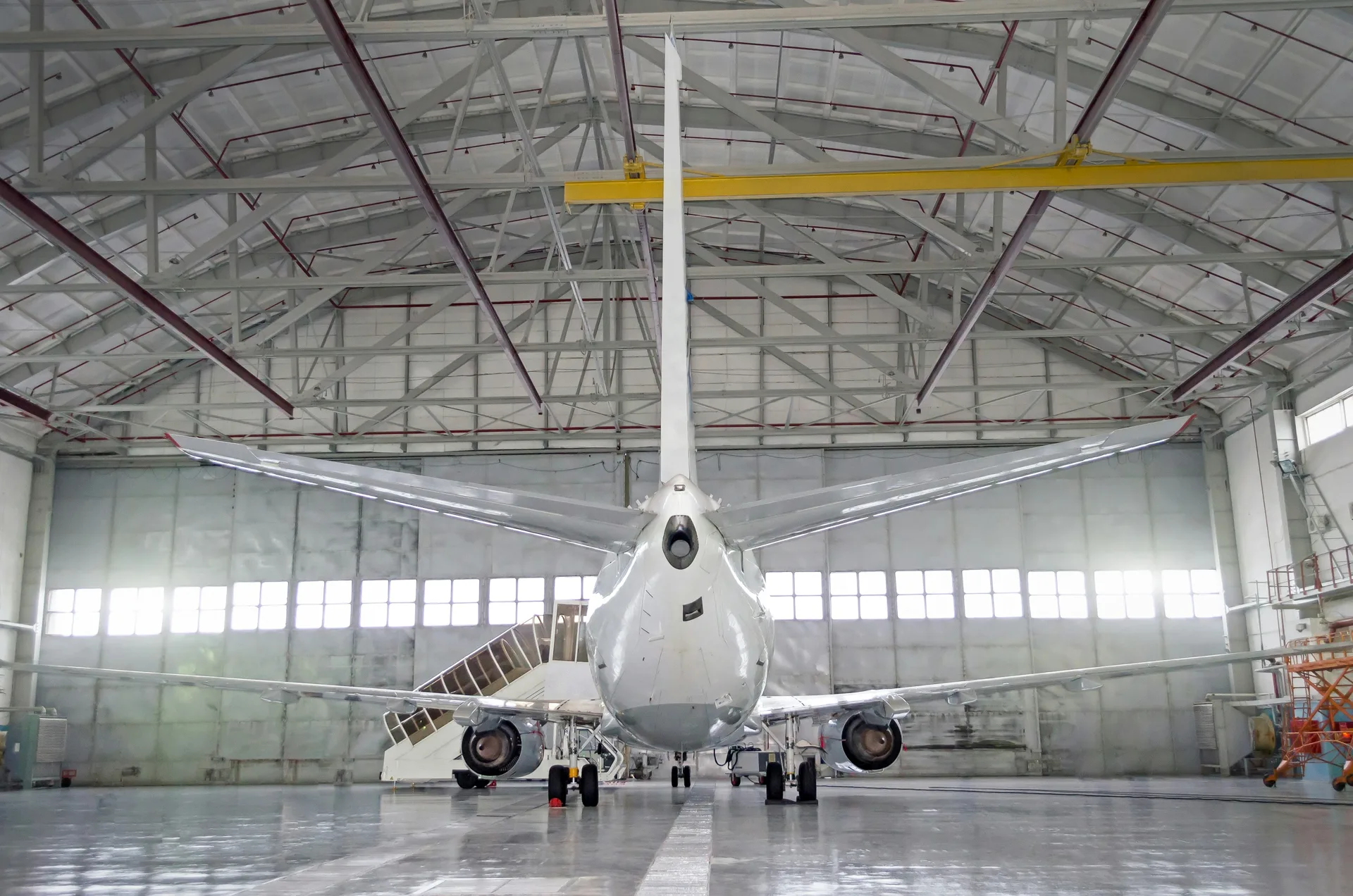 commercial jet on a finished concrete hangar floor in Las Vegas