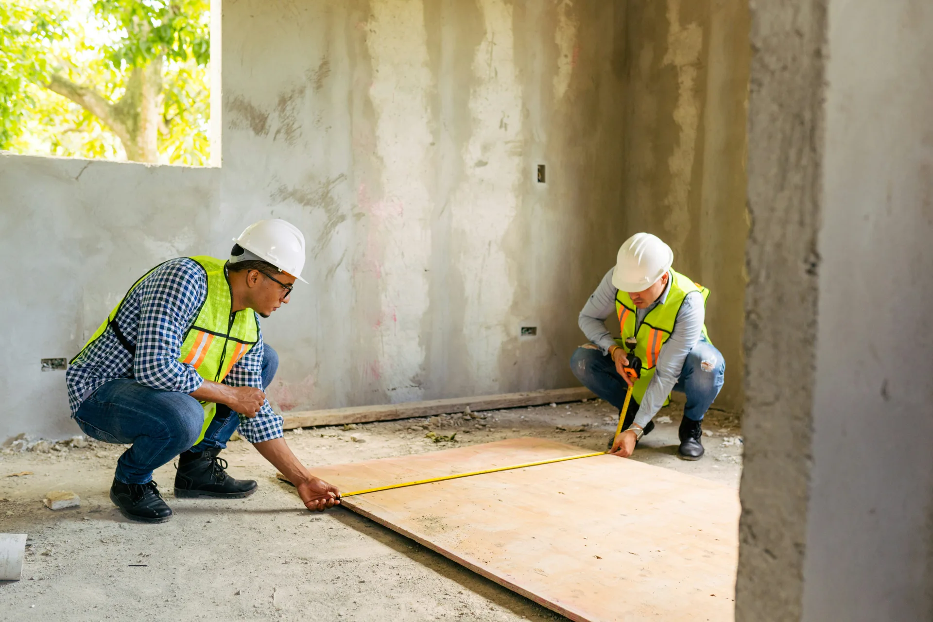 crew measuring a basement subfloor before a concrete pour in Las Vegas