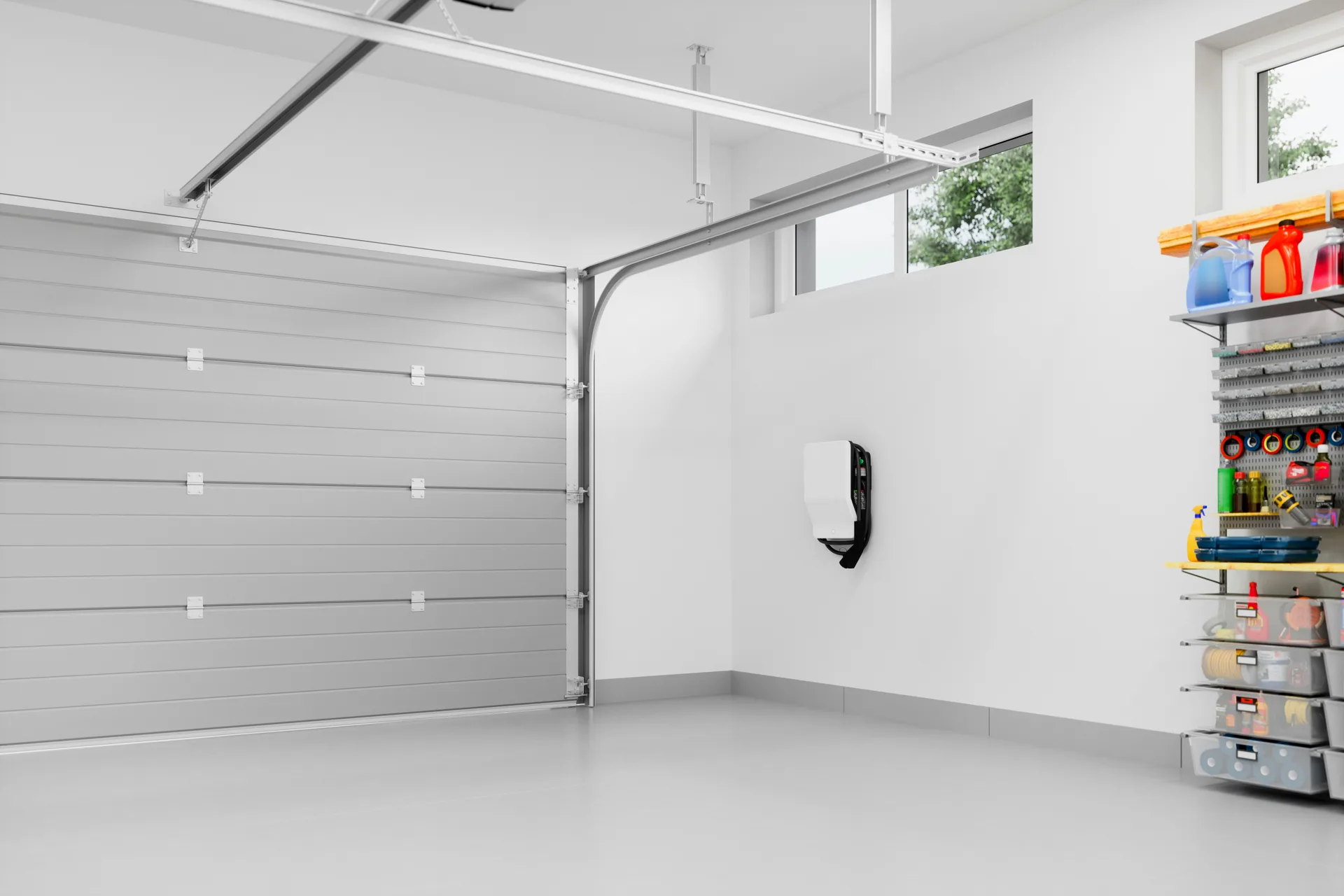 epoxy-coated garage floor with an EV charger at a Las Vegas home