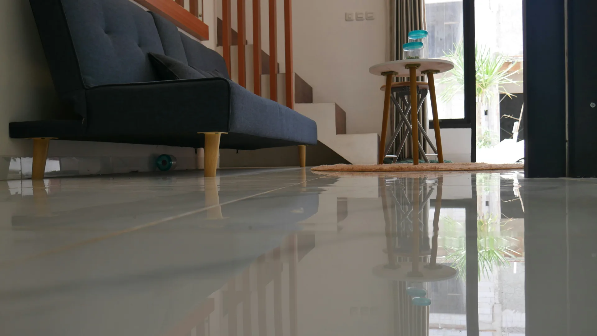 polished concrete floor reflecting light in a Las Vegas living room